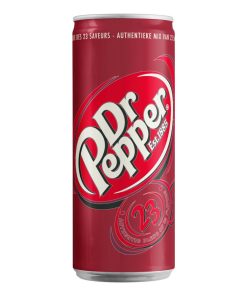 Tray met 24 blikjes Dr. Pepper 33cl – klassiek rood-zwarte verpakking, unieke frisdrank met rijke, kruidige smaak.