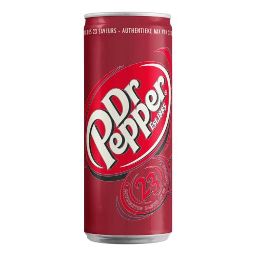 Tray met 24 blikjes Dr. Pepper 33cl – klassiek rood-zwarte verpakking, unieke frisdrank met rijke, kruidige smaak.