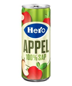 Tray met 24 blikjes Hero Appelsap van 25cl – natuurlijk appelsap zonder toegevoegde suikers in herkenbare blauwe verpakking.