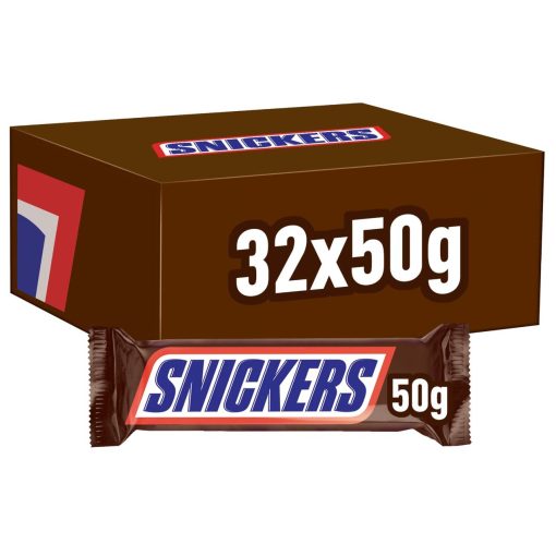 Snickers Chocoladerepen 50 Gram Doos 32 Stuks – melkchocolade met pinda’s en karamel