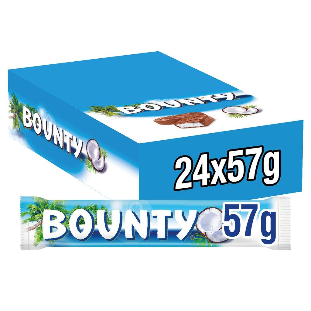 Bounty Melk Chocolade Repen 57g – doos 24 stuks met kokosvulling en romige melkchocolade.