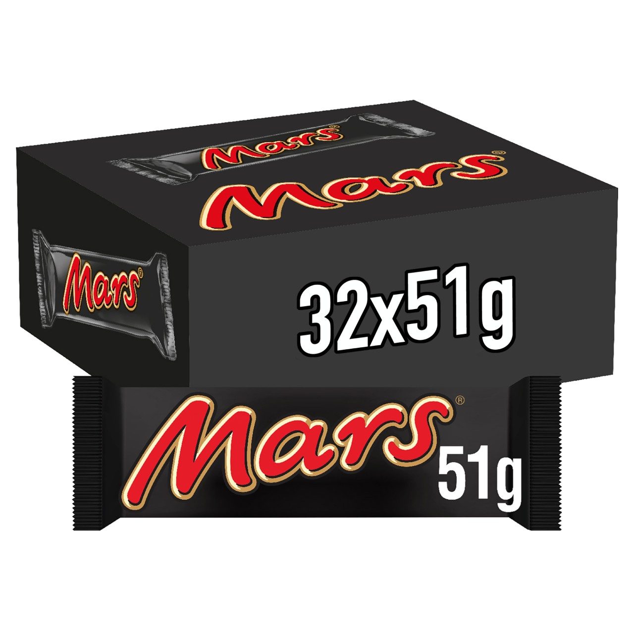 Mars Melk Chocolade Repen 51g – voordeelverpakking 32 stuks melkchocolade met karamel en nougat.