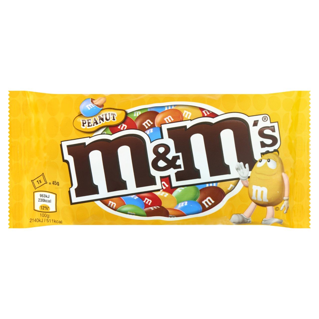 M&M’s Pinda Melk Chocolade 45g – doos met 24 zakjes van de klassieke pinda-chocoladesnoepjes.