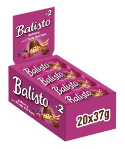Balisto Yoberry Bosvruchten 37g – doos met 20 repen yoghurt, bosvruchten en melkchocolade.