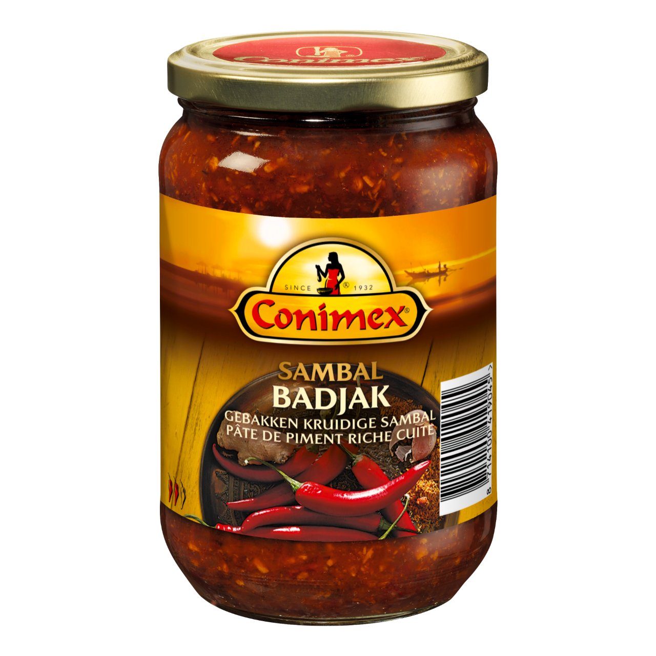 Conimex Sambal Badjak Grote Pot 750 Gram – gebakken Indonesische sambal, mild pittig en vol smaak.