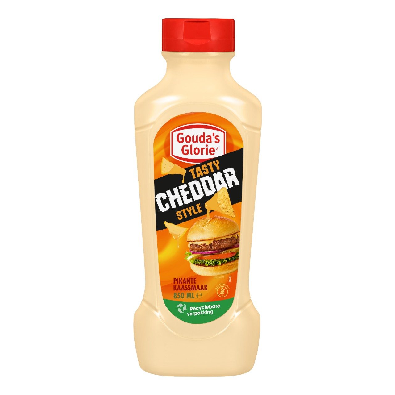 Gouda’s Glorie Cheddar Stijl 850ml – romige kaassaus in grote knijpfles.