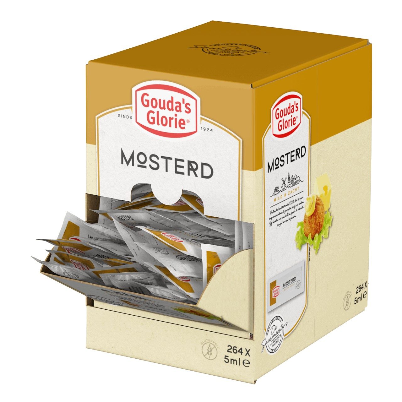 Gouda’s Glorie Mosterd Sachets 5g – glutenvrije snackmosterd in displaydoos 264 stuks.