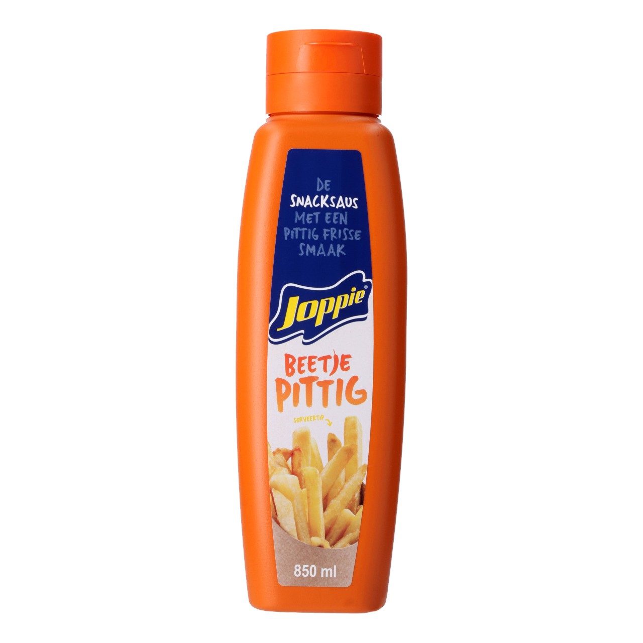 Joppiesaus Beetje Pittig 85cl – grote knijpfles van Elite met romige licht pittige saus.