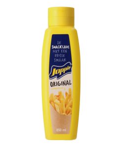Joppiesaus Knijpfles 85cl – romige gele saus met kerrie en ui.