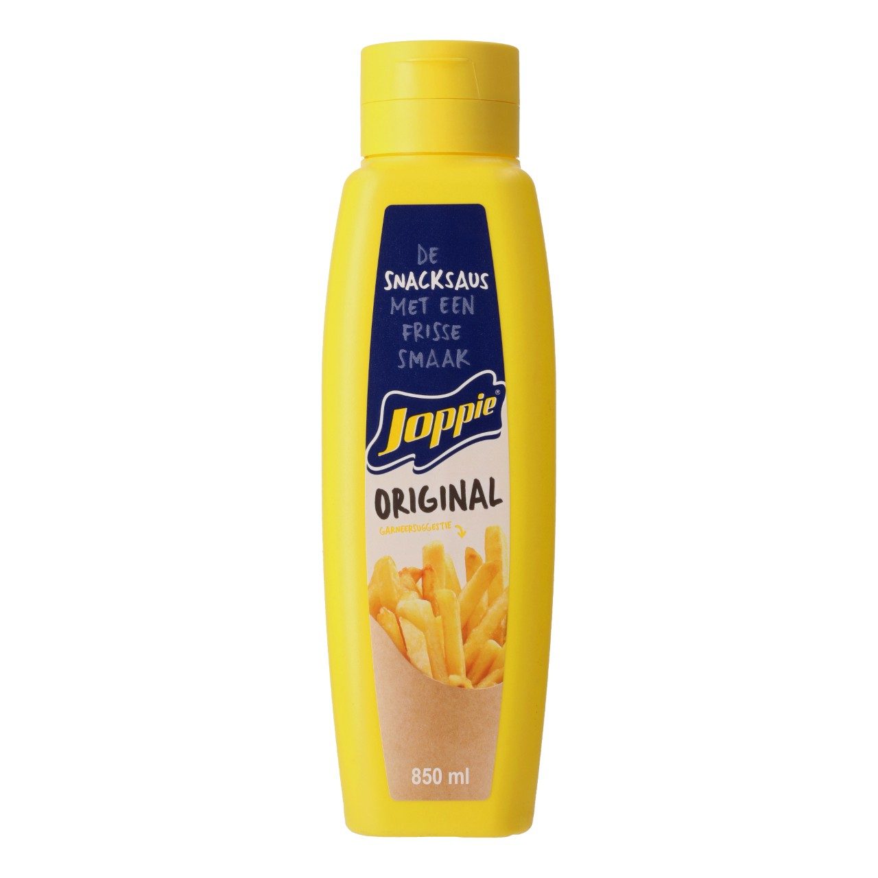 Joppiesaus Knijpfles 85cl – romige gele saus met kerrie en ui.