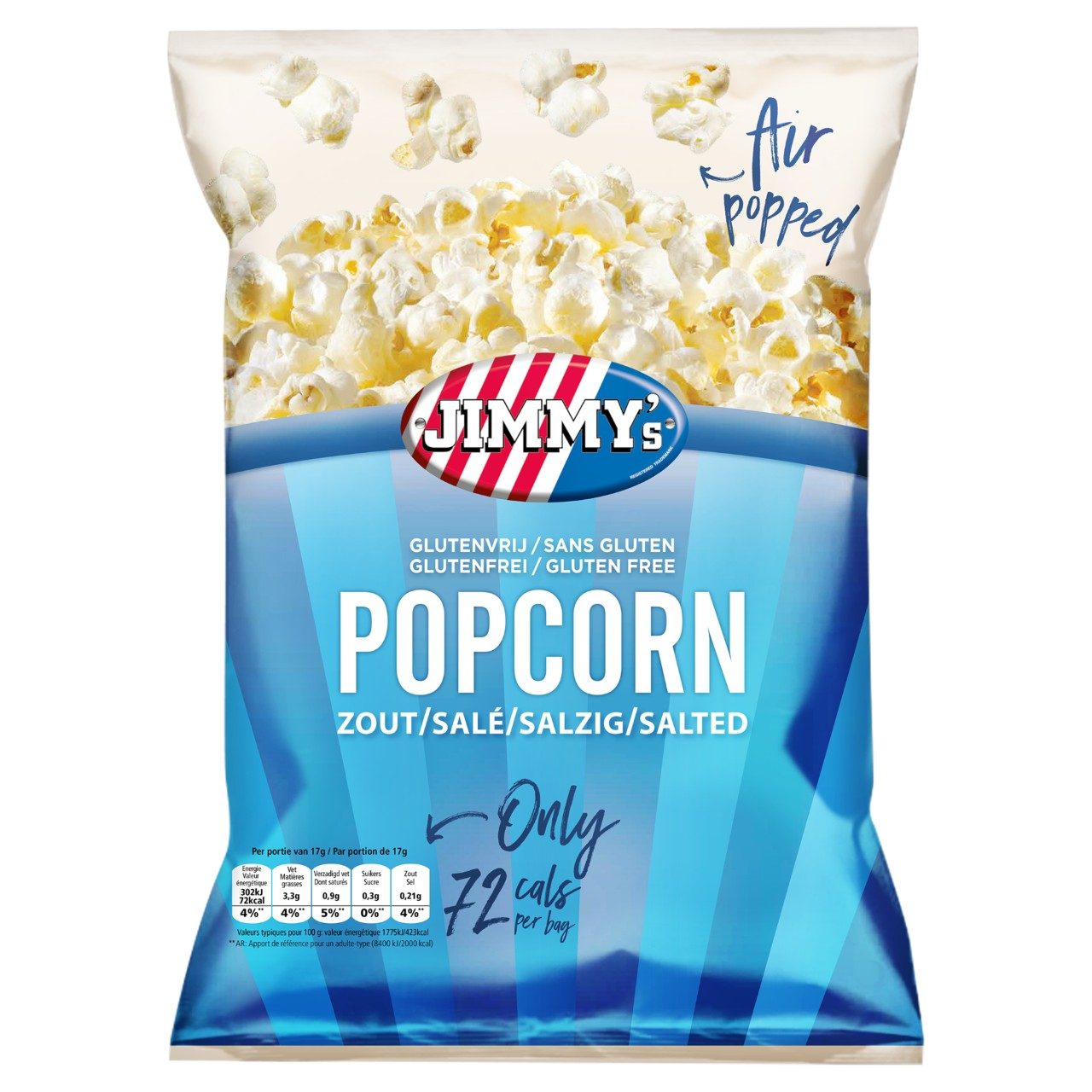 Jimmy’s Popcorn Zout mini zakjes 27 gram doos 21 stuks